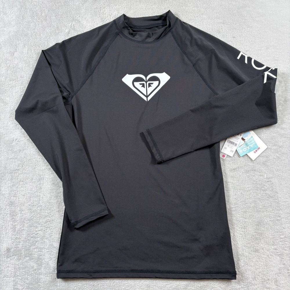 Roxy Whole Hearted Rashguard Womens Medium Black‎ Logo Stretch Raglan Sleeve